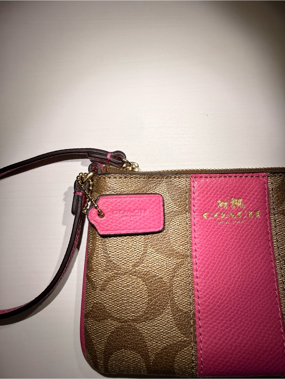 Coach Tan Signature Canvas Wristlet with Pink Leather Center Stripe - Picture 3 of 4